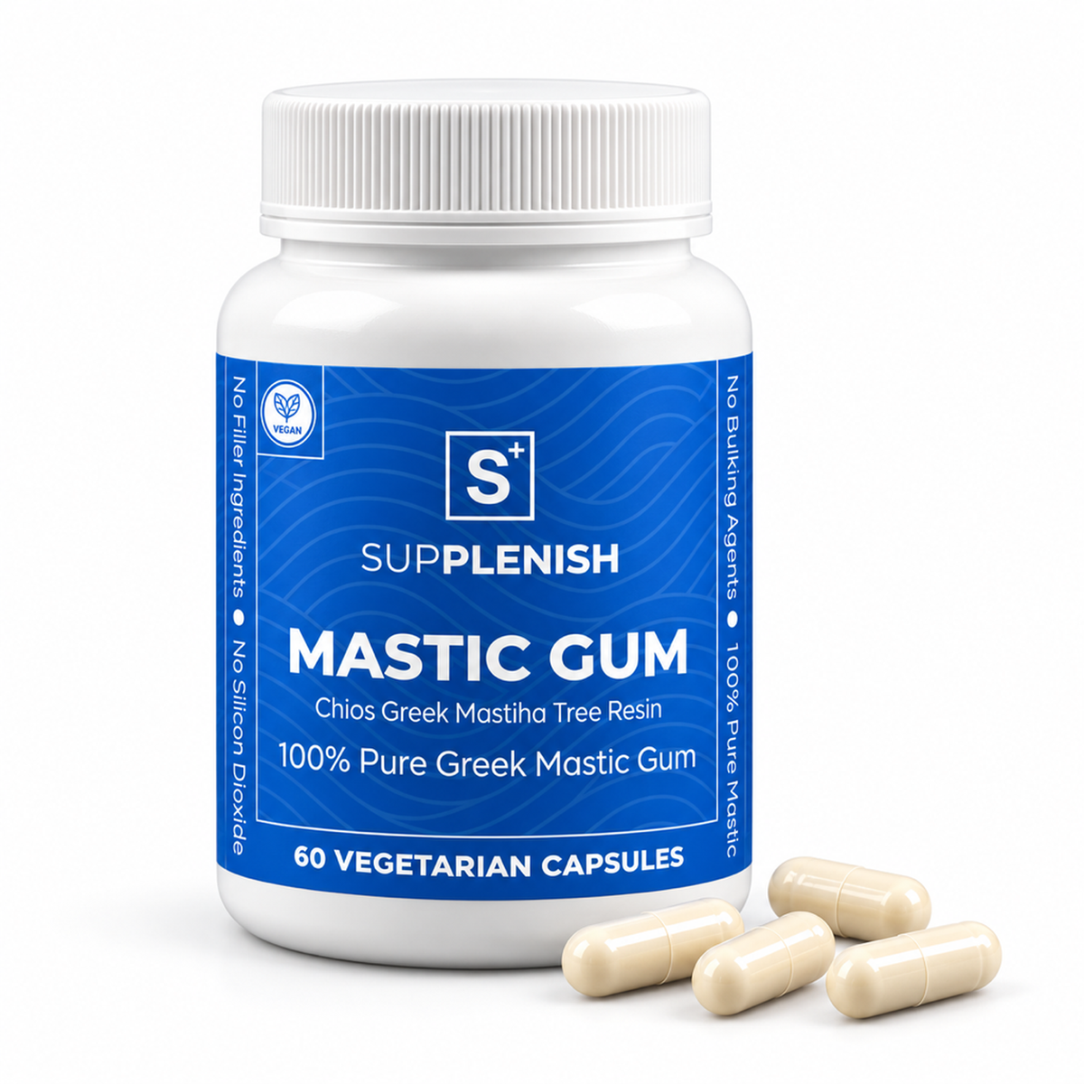 Supplenish Mastic Gum 60 vegetarian capsules jar on white with four capsules