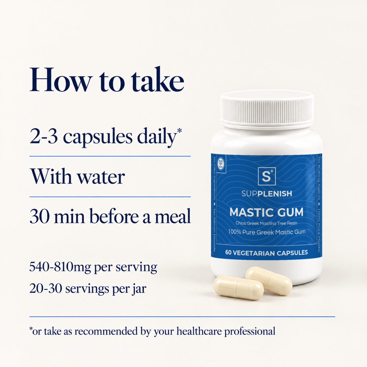 How to take Supplenish Mastic Gum capsules: 2-3 capsules daily