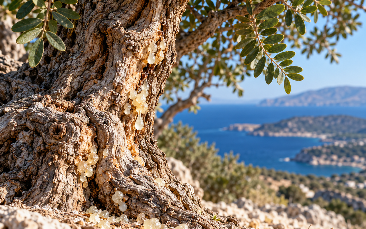 An old mastic tree on a hillside above the sea on Chios, Greece