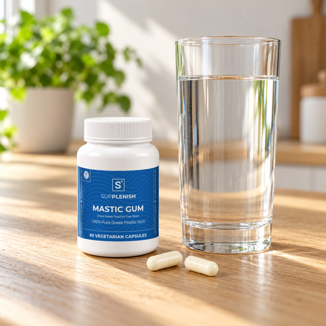 A jar of Supplenish mastic gum capsules beside a glass of water on a kitchen counter