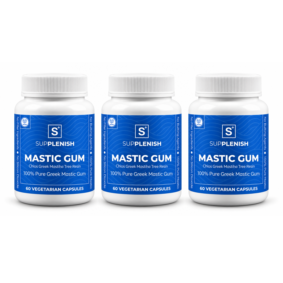Three bottles of Supplenish Mastic Gum, 60 vegetarian capsules each